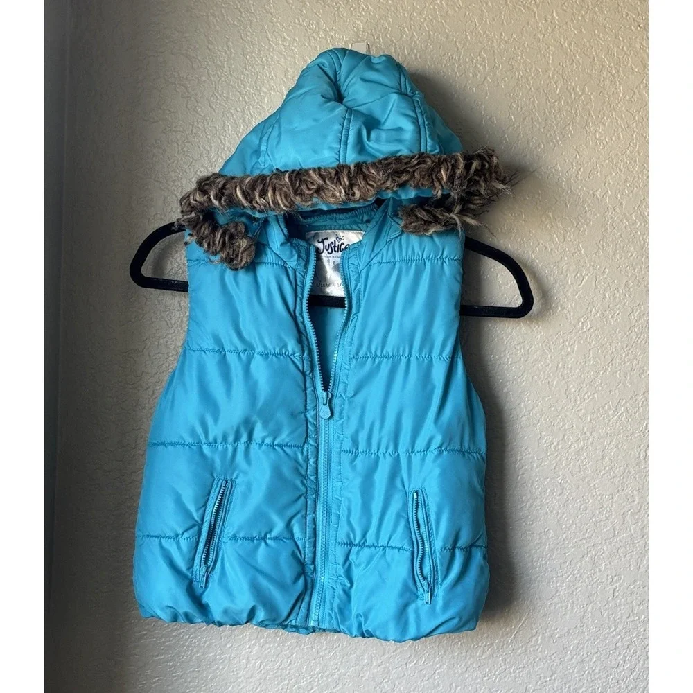 Justice Girl's Puffer Jacket Hooded Vest Size 8 Turquoise Blue